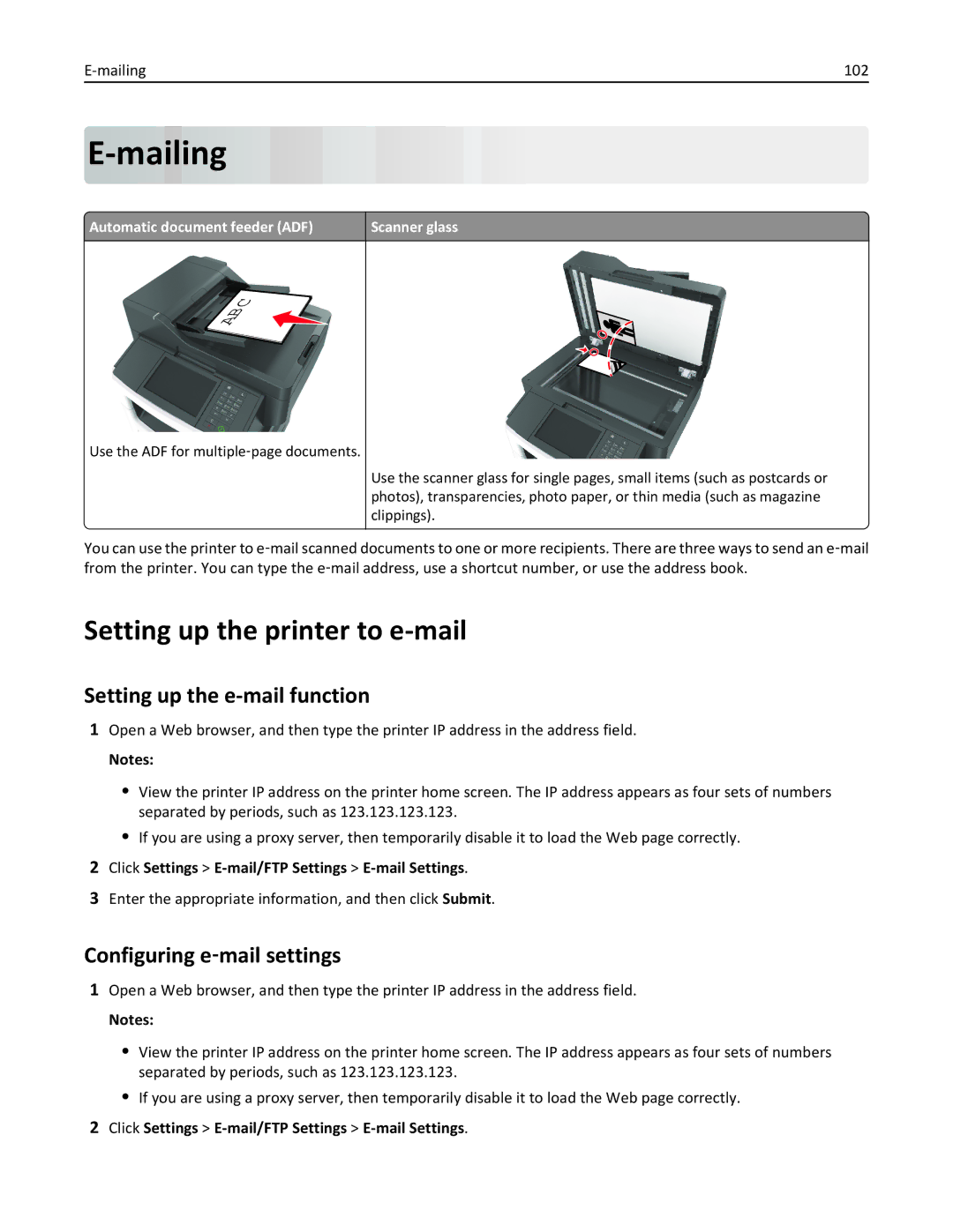 Lexmark XM3100 Mailing, Setting up the printer to e-mail, Setting up the e-mail function, Configuring e‑mail settings 