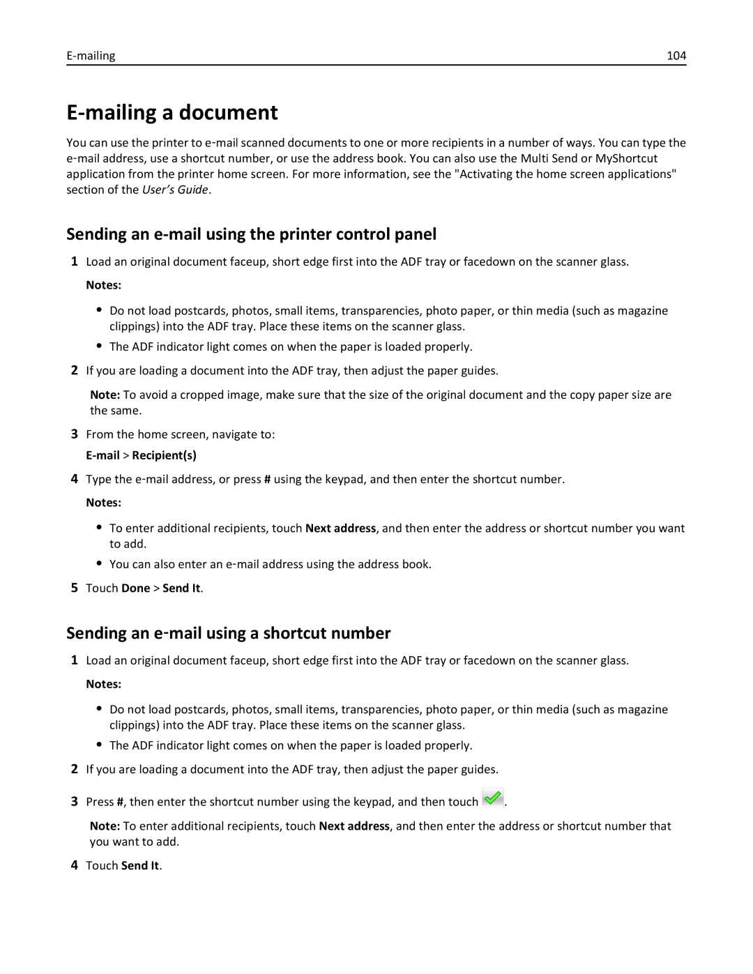 Lexmark XM3100 Mailing a document, Sending an e-mail using the printer control panel, Mailing 104, Touch Done Send It 