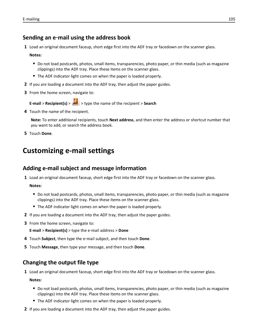 Lexmark XM3100 manual Customizing e-mail settings, Sending an e‑mail using the address book, Changing the output file type 