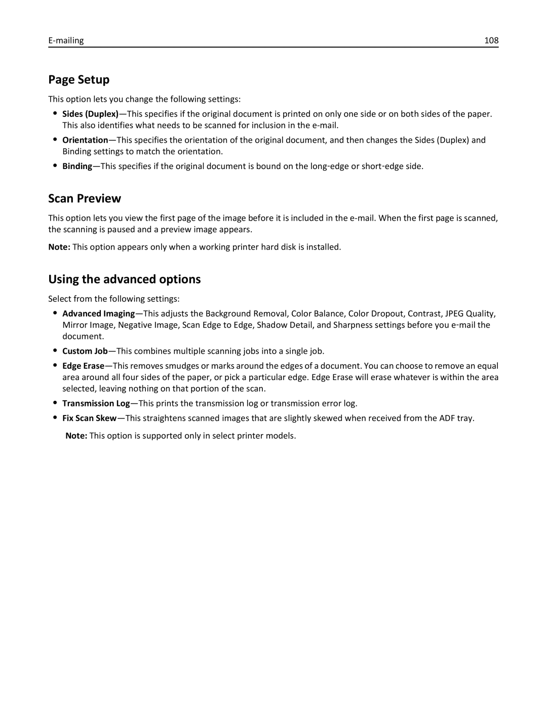 Lexmark XM3100 manual Setup, Scan Preview, Mailing 108 