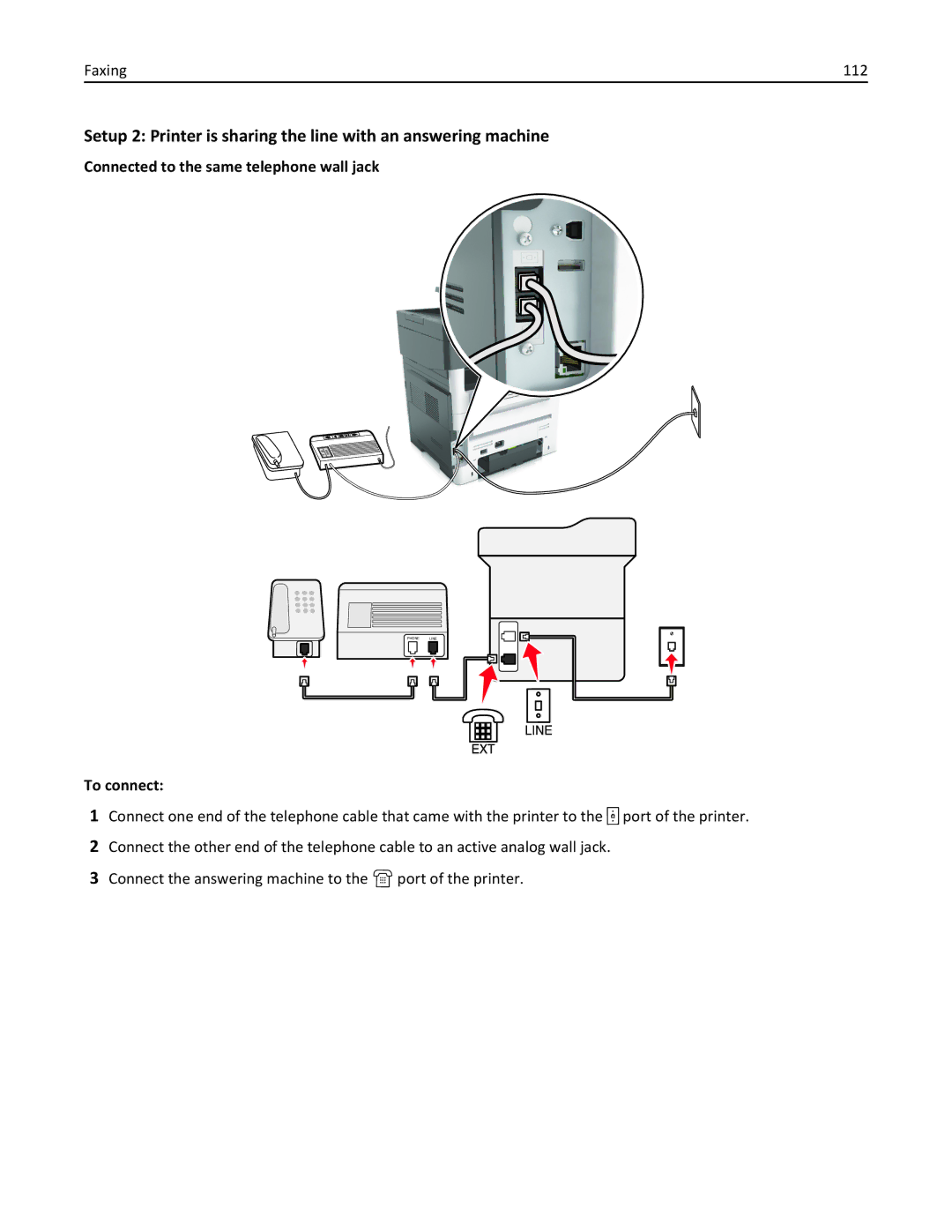 Lexmark XM3100 manual Faxing 112, Connected to the same telephone wall jack 