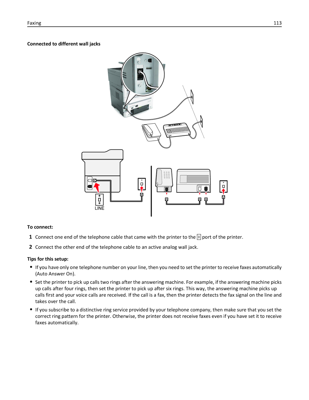 Lexmark XM3100 manual Faxing 113, Connected to different wall jacks 