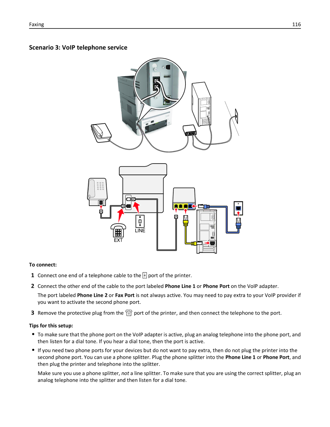 Lexmark XM3100 manual Scenario 3 VoIP telephone service, Faxing 116 