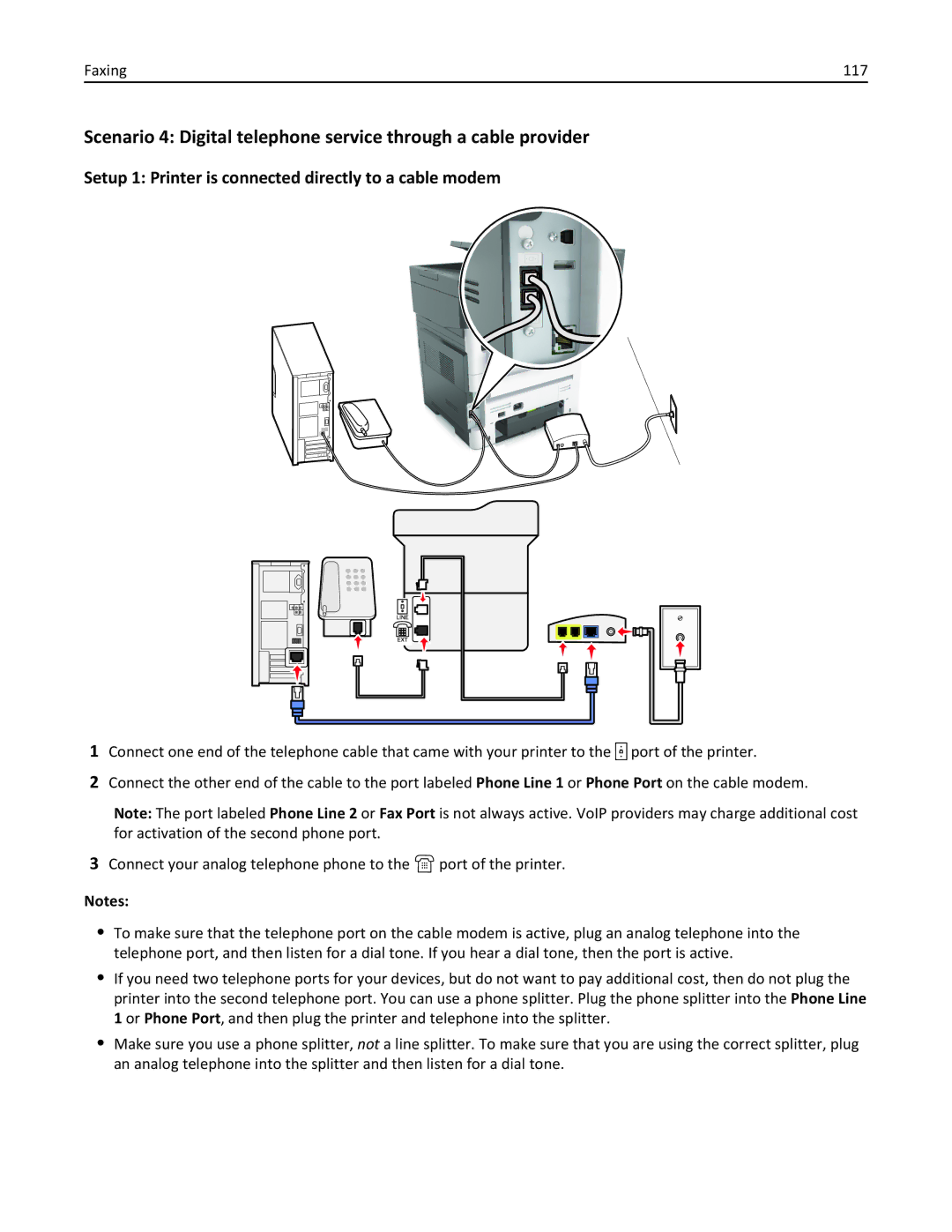 Lexmark XM3100 manual Setup 1 Printer is connected directly to a cable modem, Faxing 117 