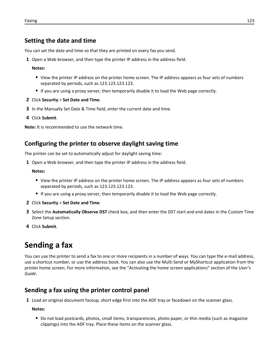 Lexmark XM3100 manual Sending a fax, Setting the date and time, Configuring the printer to observe daylight saving time 