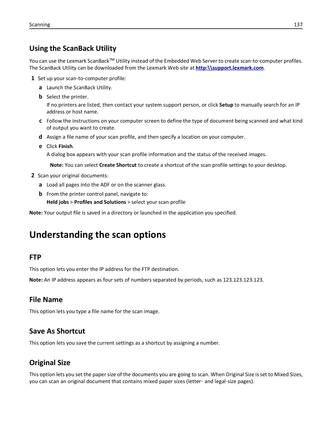 Lexmark XM3100 manual Understanding the scan options, Using the ScanBack Utility, Scanning 137 