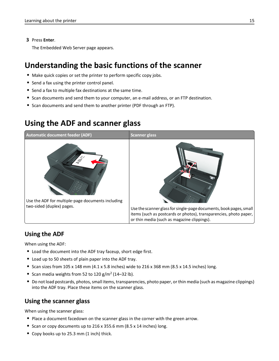 Lexmark XM3100 Understanding the basic functions of the scanner, Using the ADF and scanner glass, Using the scanner glass 