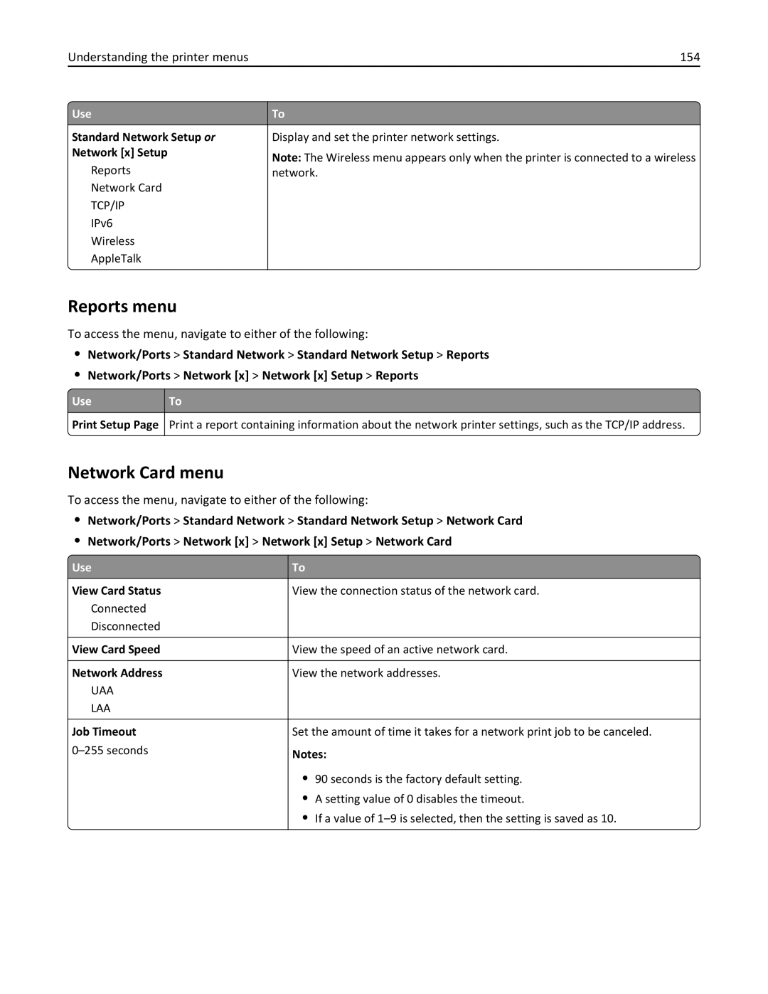 Lexmark XM3100 manual Network Card menu, Understanding the printer menus 154 