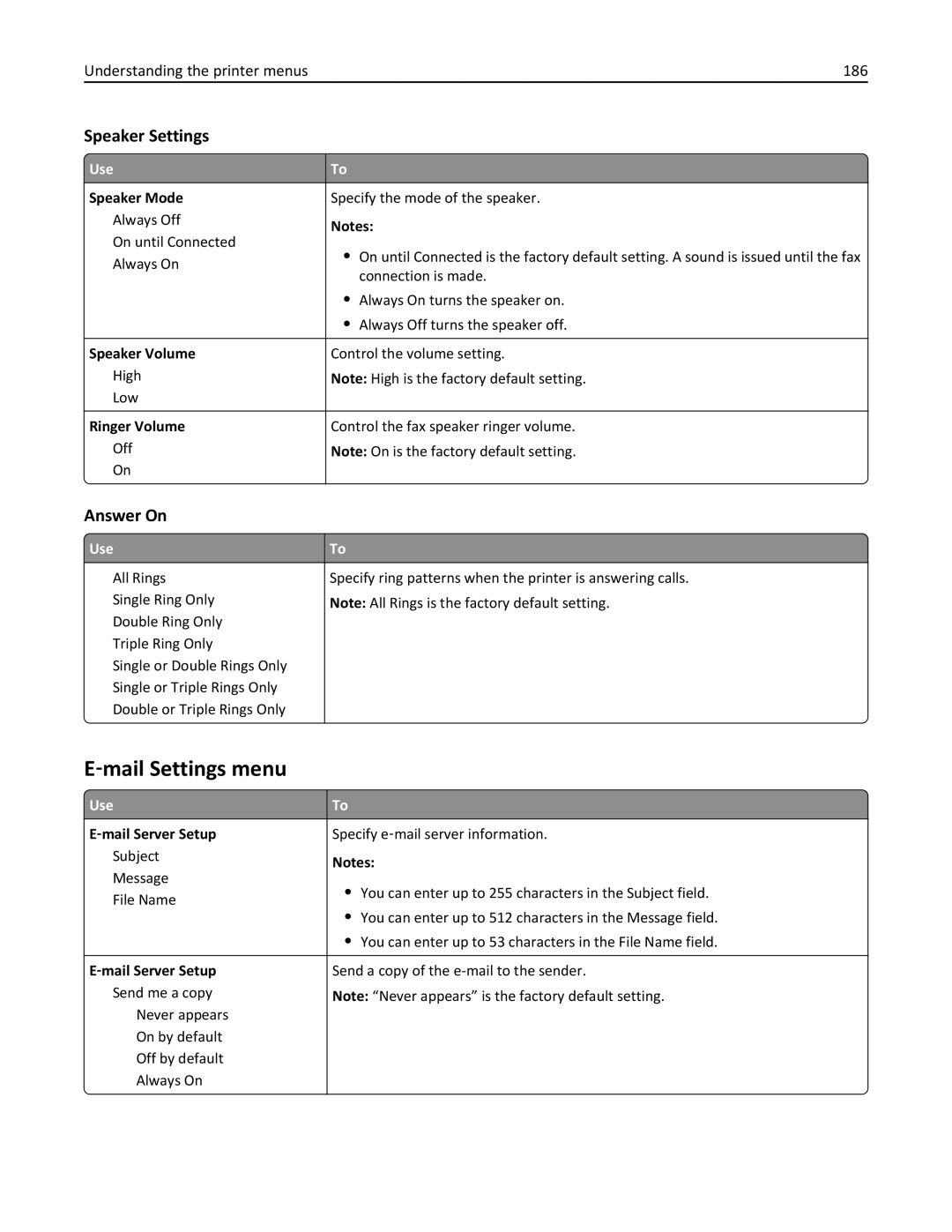 Lexmark XM3100 manual ‑mail Settings menu, Speaker Settings, Answer On, Understanding the printer menus 186 