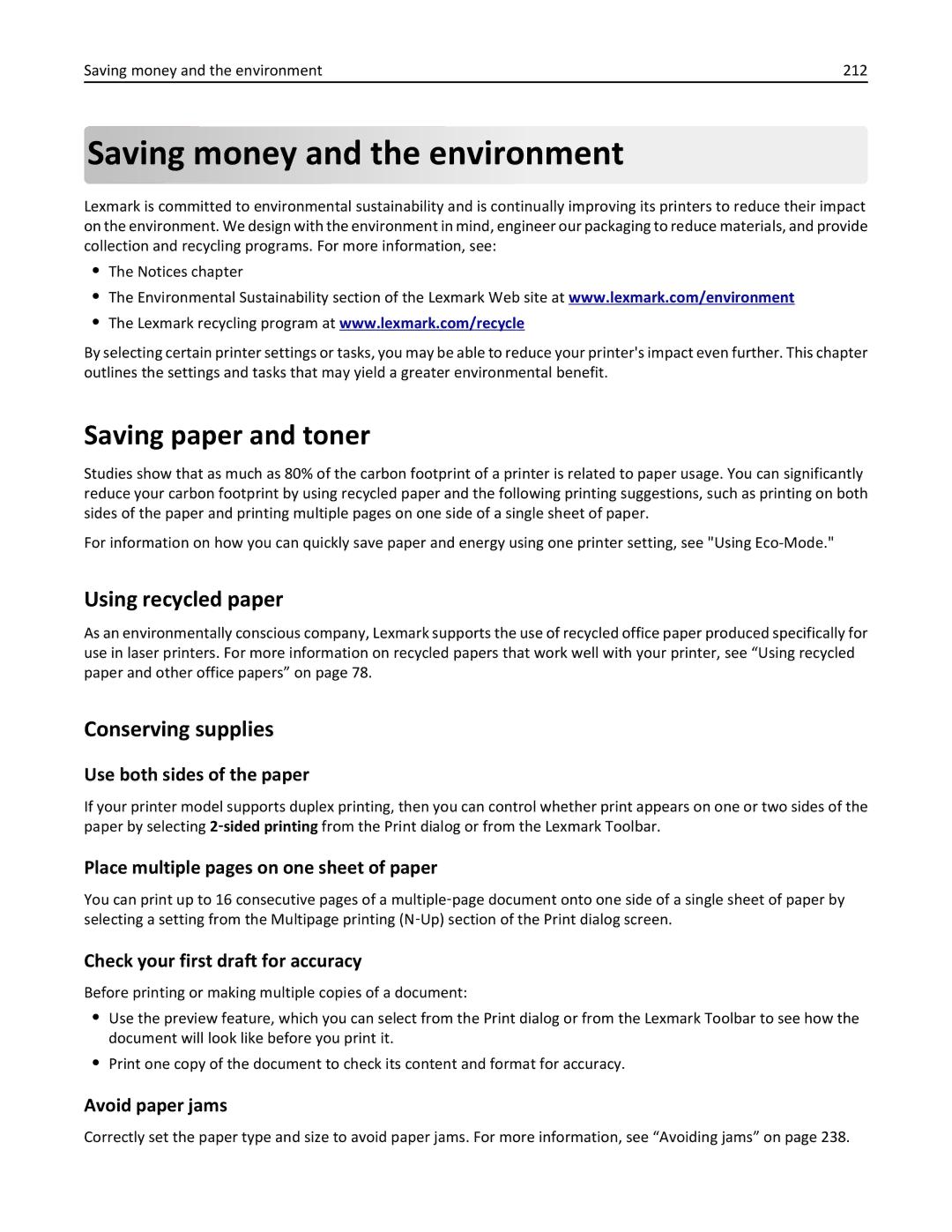 Lexmark XM3100 manual Saving money and the environment, Saving paper and toner, Using recycled paper, Conserving supplies 