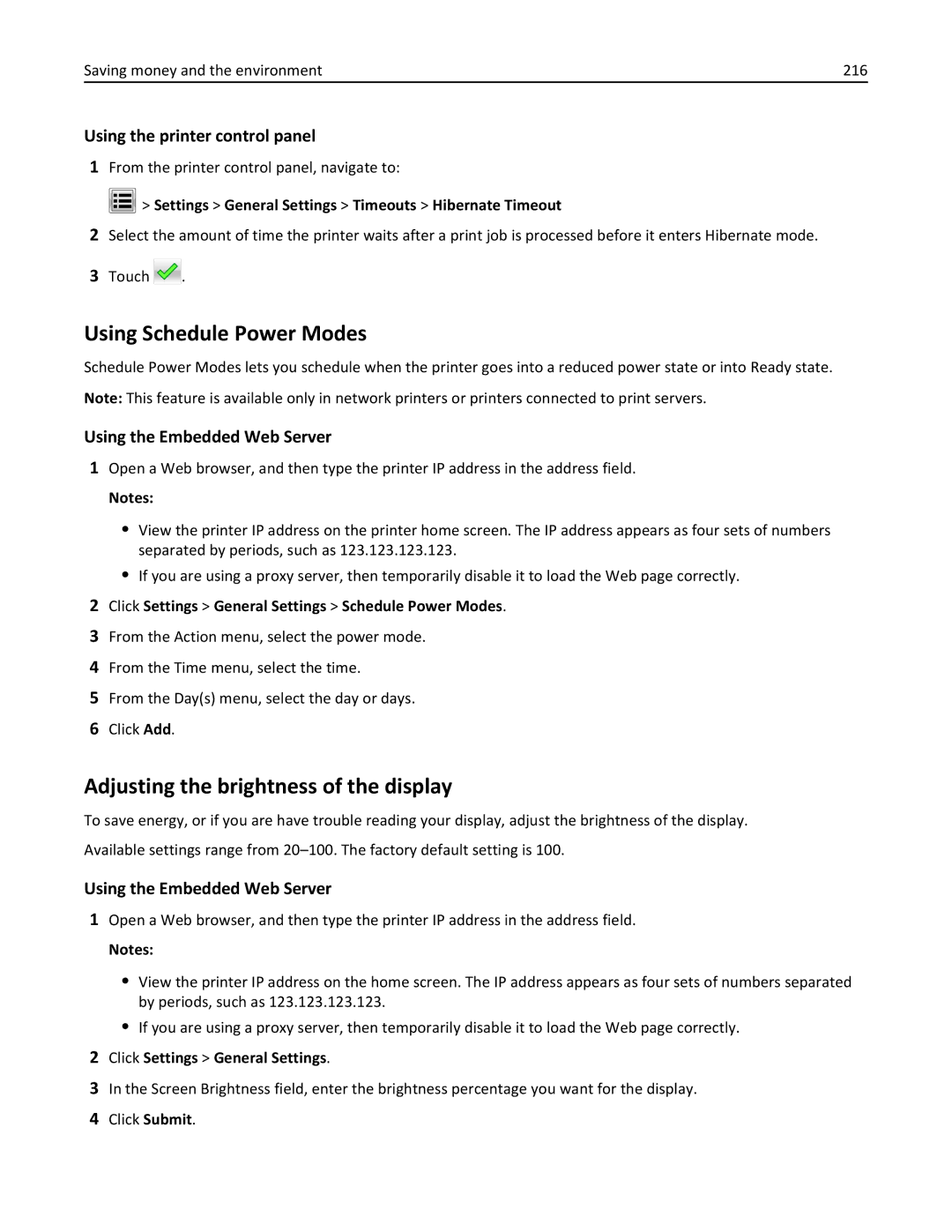 Lexmark XM3100 manual Using Schedule Power Modes, Adjusting the brightness of the display, Click Settings General Settings 