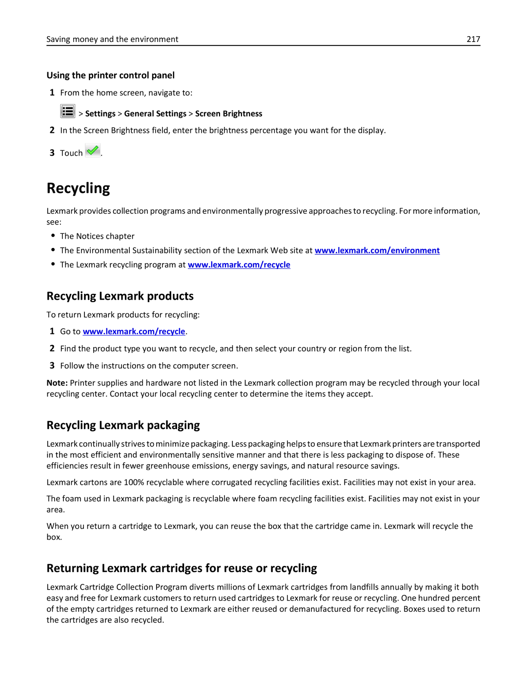 Lexmark XM3100 Recycling Lexmark products, Recycling Lexmark packaging, Settings General Settings Screen Brightness 