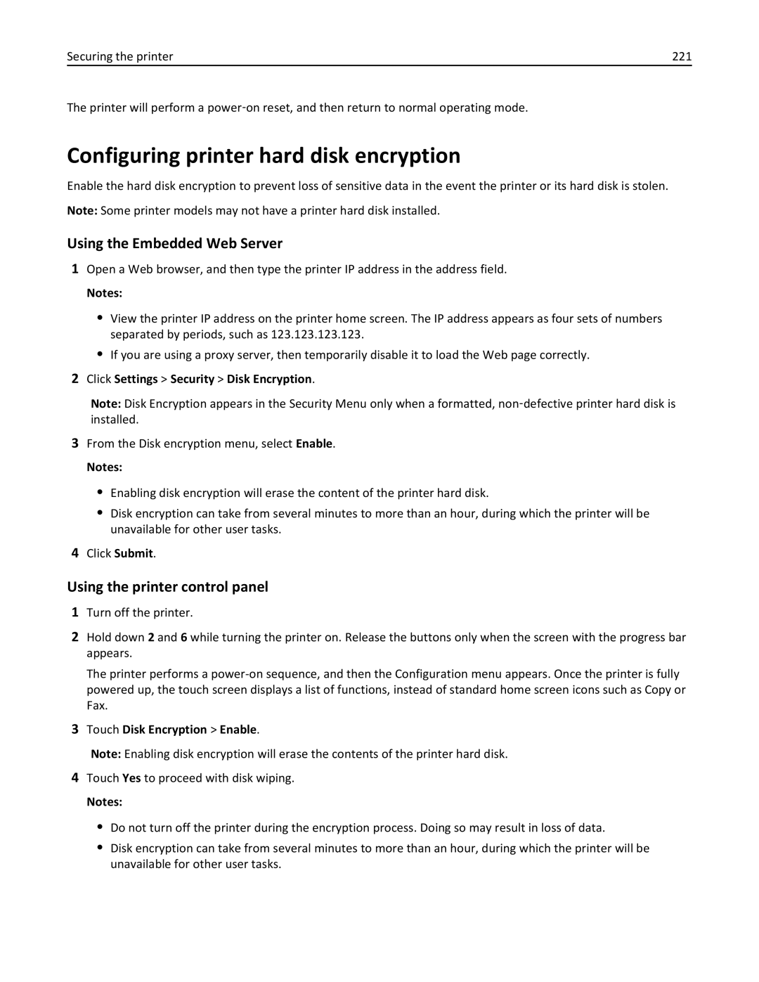 Lexmark XM3100 manual Configuring printer hard disk encryption, Using the Embedded Web Server, Touch Disk Encryption Enable 