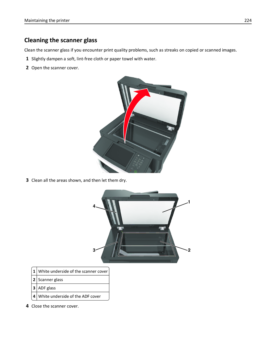 Lexmark XM3100 manual Cleaning the scanner glass, Maintaining the printer 224, Close the scanner cover 