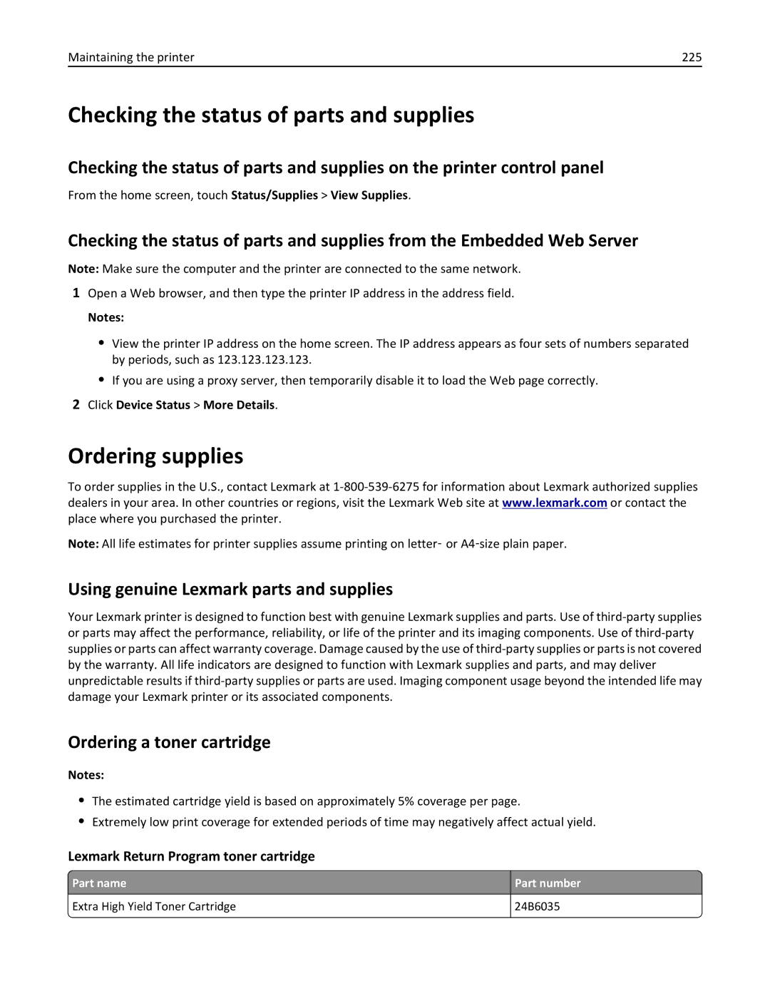 Lexmark XM3100 Checking the status of parts and supplies, Ordering supplies, Using genuine Lexmark parts and supplies 