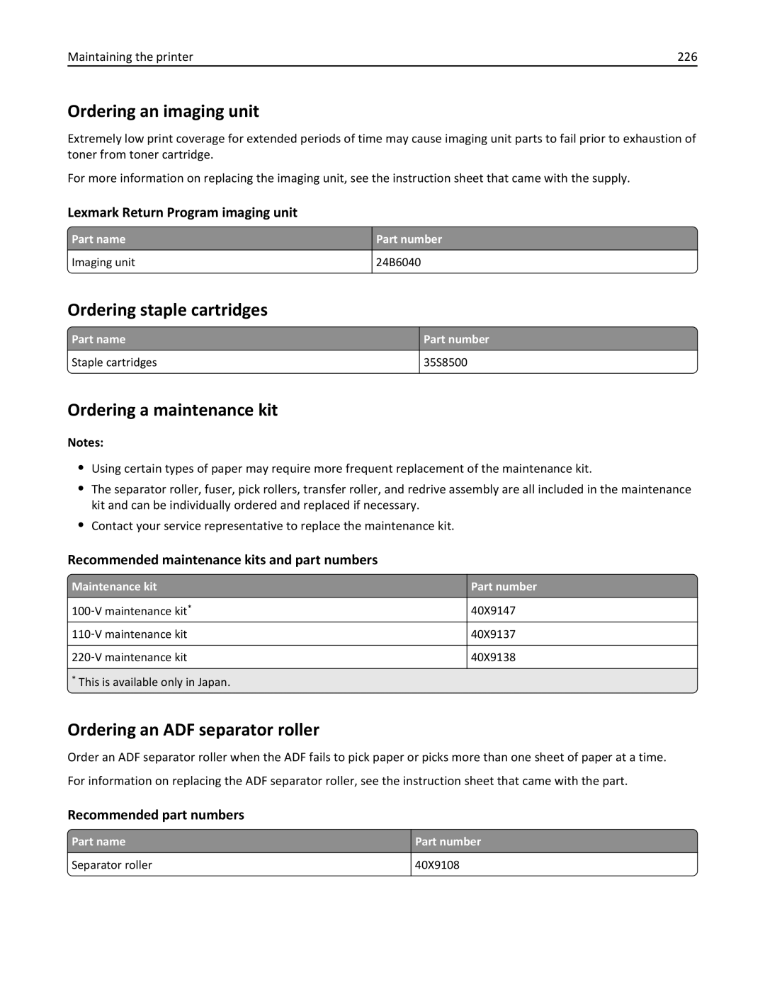 Lexmark XM3100 manual Ordering an imaging unit, Ordering staple cartridges, Ordering a maintenance kit 