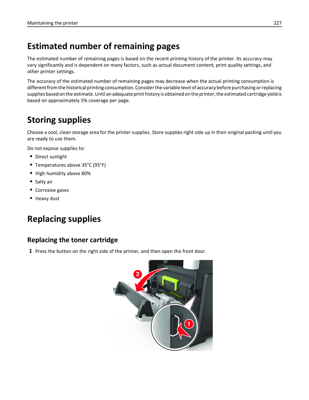 Lexmark XM3100 Estimated number of remaining pages, Storing supplies, Replacing supplies, Replacing the toner cartridge 