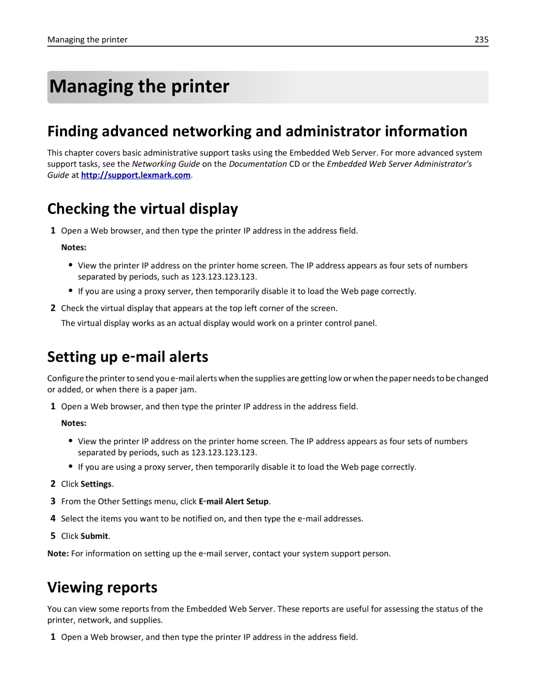 Lexmark XM3100 Managing the printer, Finding advanced networking and administrator information, Setting up e‑mail alerts 