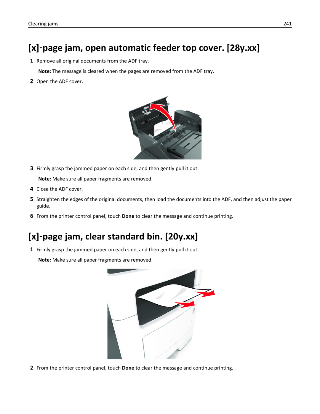 Lexmark XM3100 ‑page jam, open automatic feeder top cover y.xx, ‑page jam, clear standard bin y.xx, Clearing jams 241 