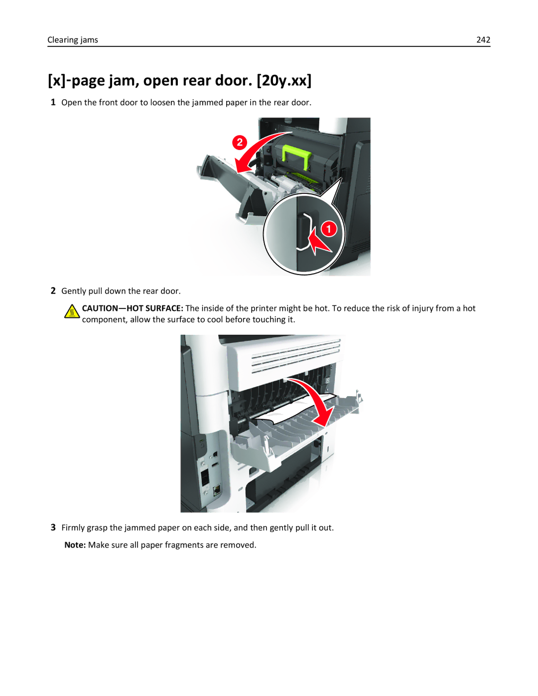 Lexmark XM3100 manual ‑page jam, open rear door y.xx, Clearing jams 242 