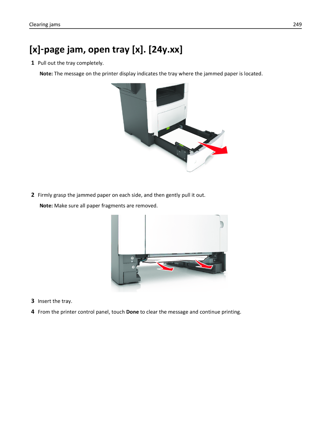 Lexmark XM3100 manual ‑page jam, open tray x y.xx, Clearing jams 249 