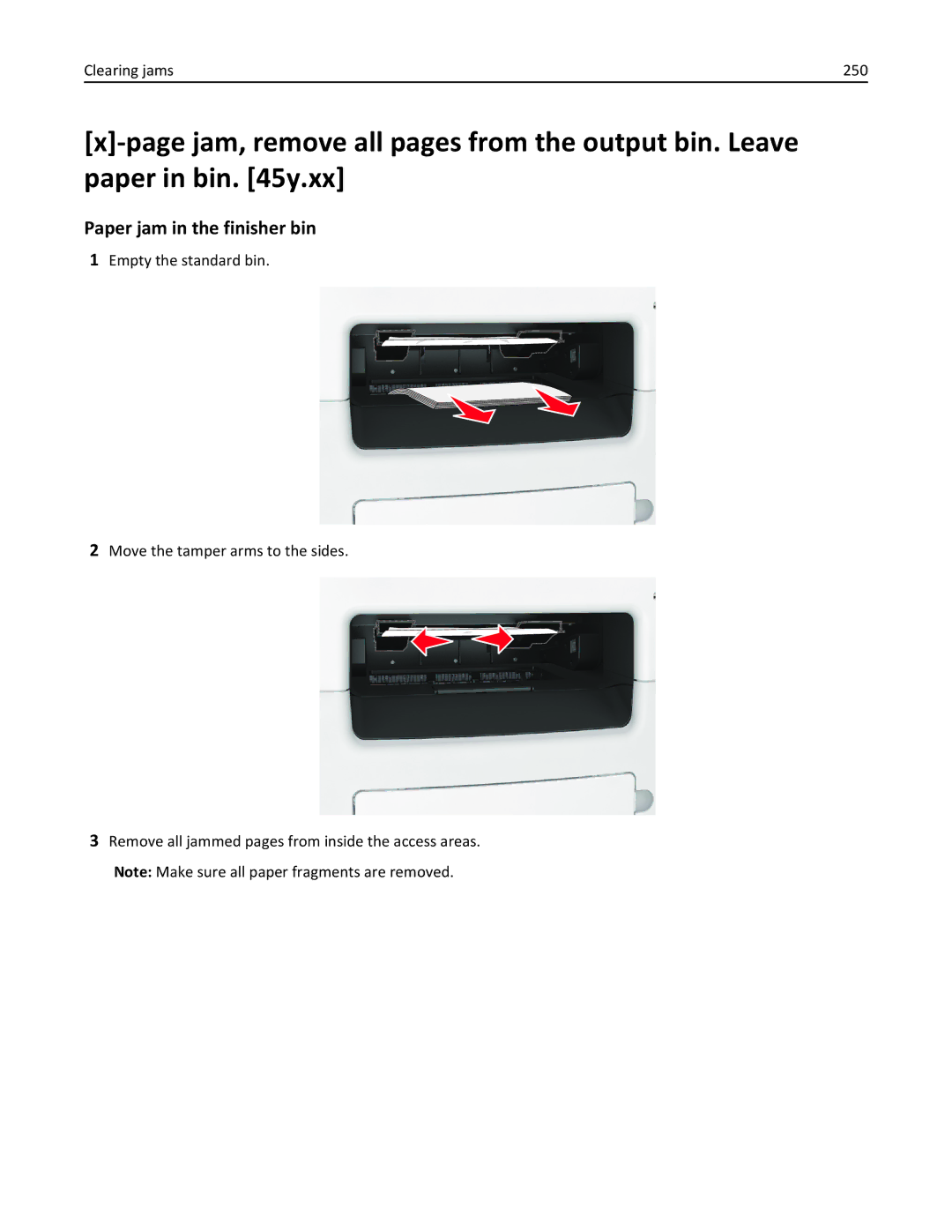 Lexmark XM3100 manual Paper jam in the finisher bin, Clearing jams 250 