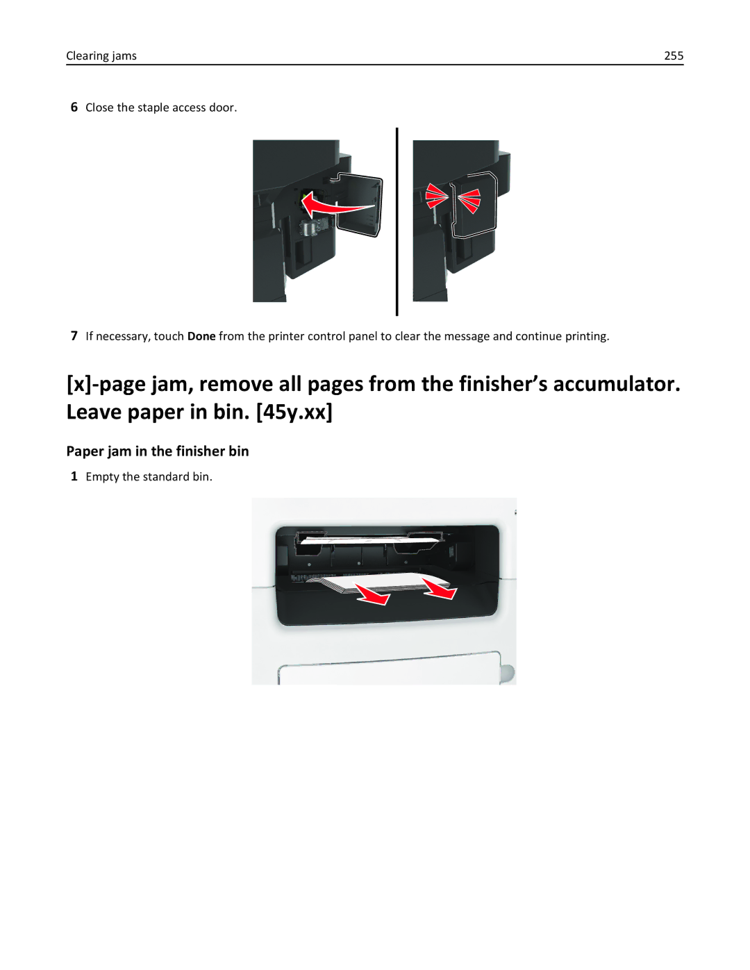 Lexmark XM3100 manual Paper jam in the finisher bin, Empty the standard bin 