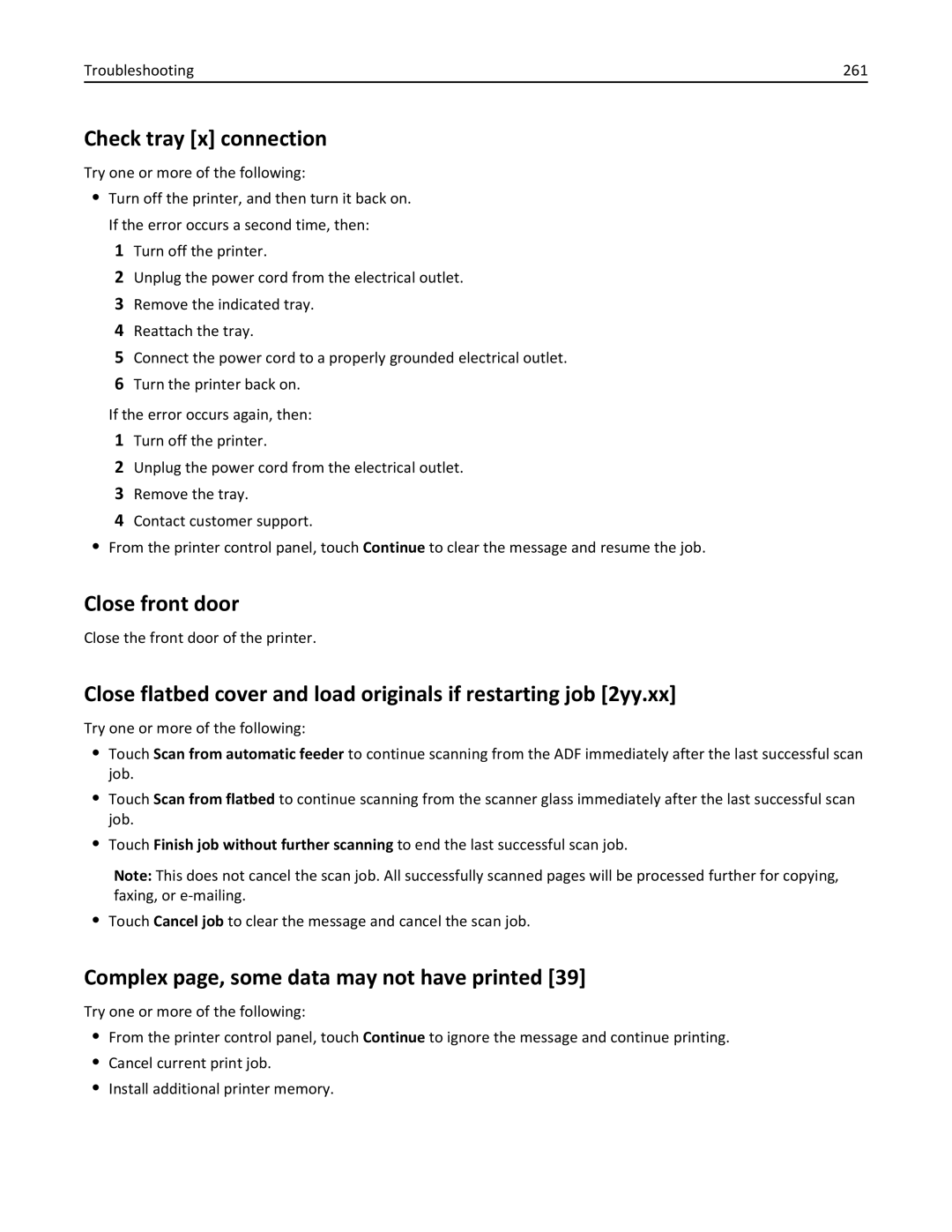 Lexmark XM3100 manual Check tray x connection, Close front door, Complex page, some data may not have printed 