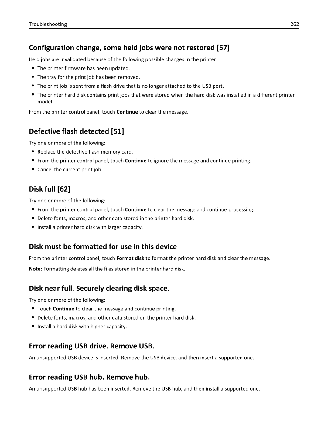 Lexmark XM3100 manual Configuration change, some held jobs were not restored, Defective flash detected, Disk full 