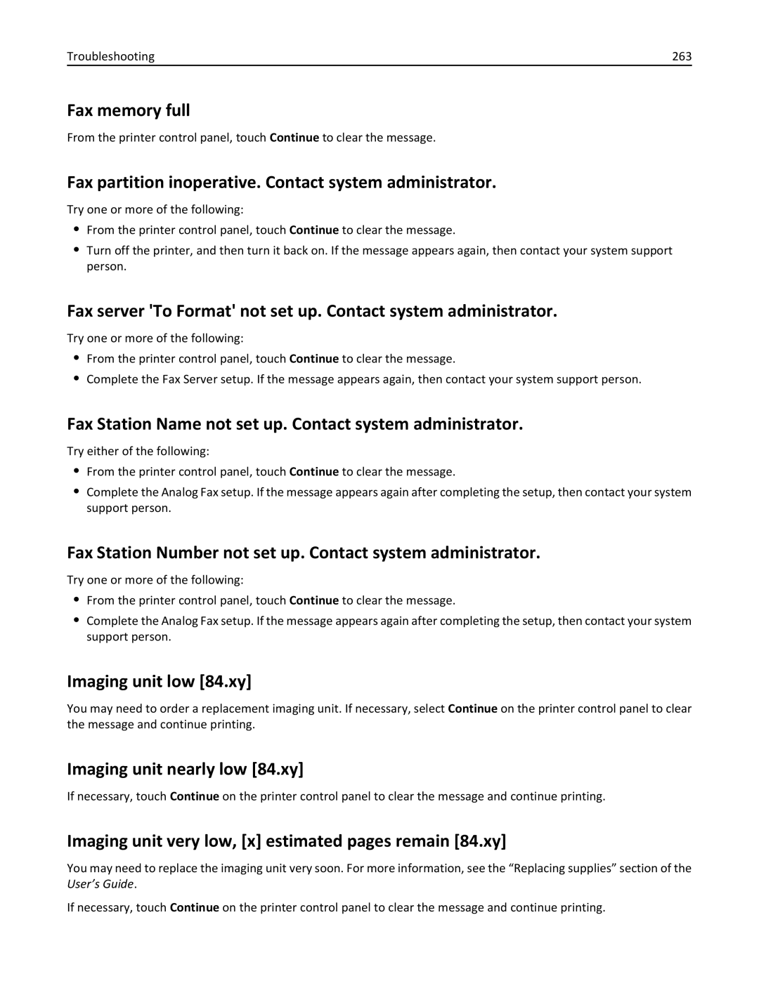 Lexmark XM3100 manual Fax memory full, Fax partition inoperative. Contact system administrator, Imaging unit low 84.xy 