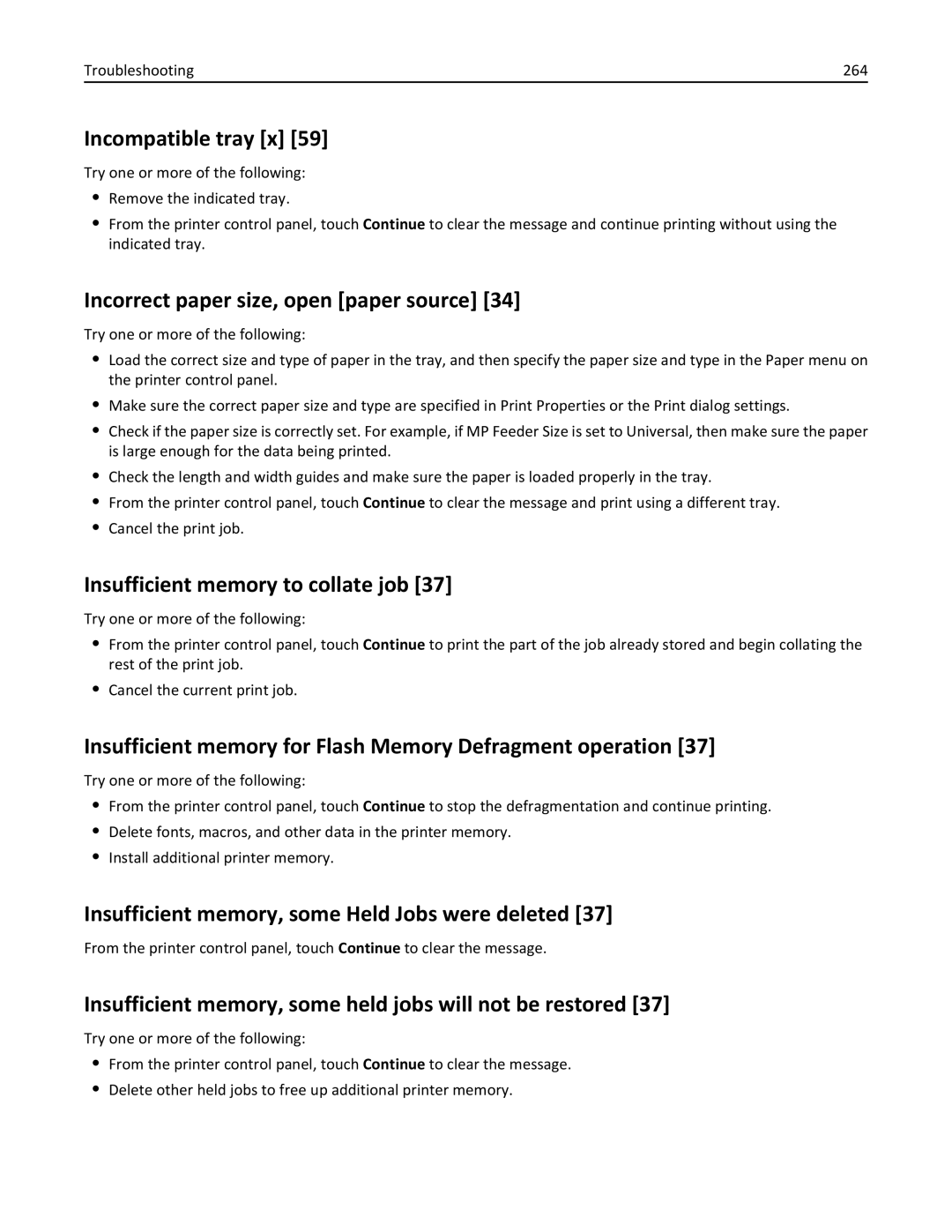 Lexmark XM3100 manual Incompatible tray x, Incorrect paper size, open paper source, Insufficient memory to collate job 