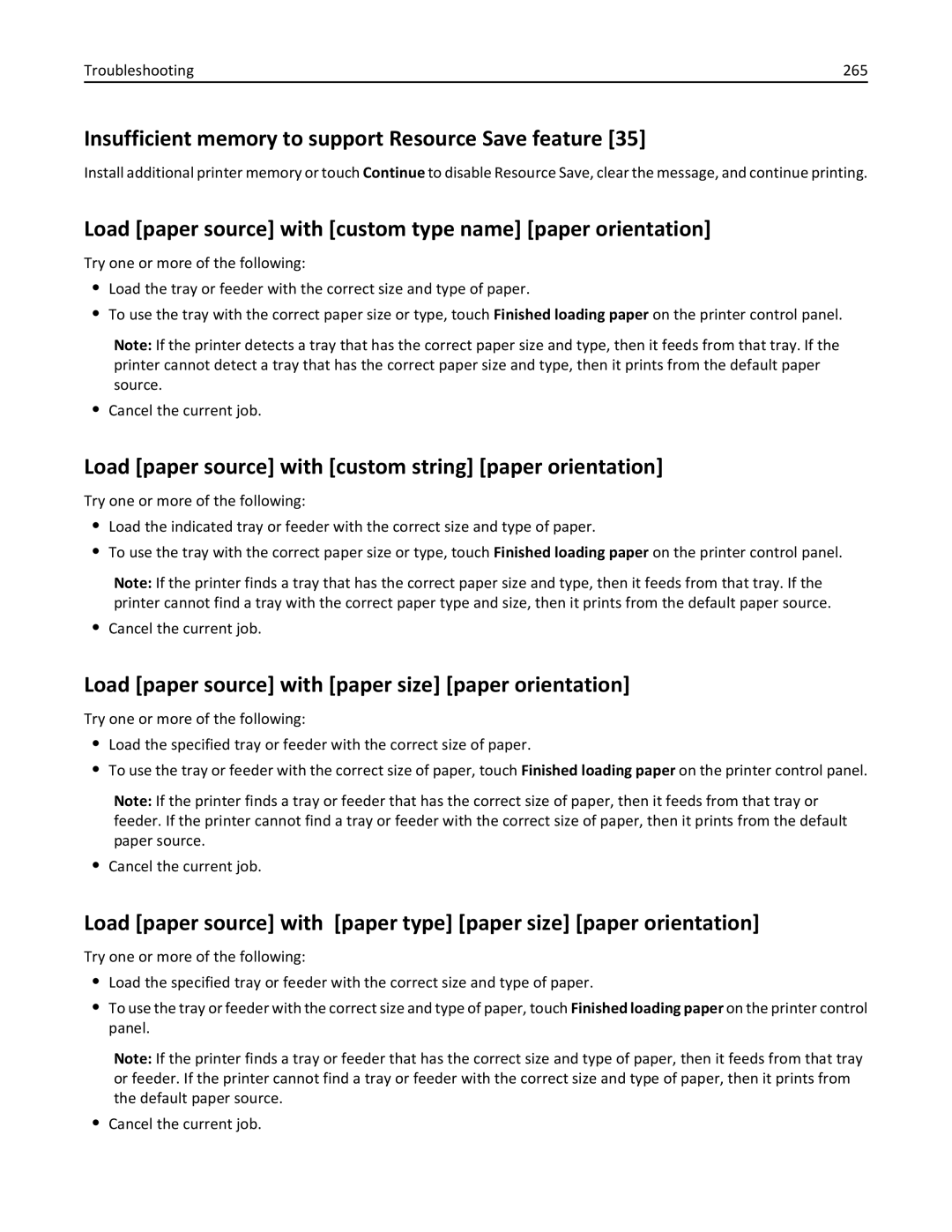 Lexmark XM3100 Insufficient memory to support Resource Save feature, Load paper source with paper size paper orientation 