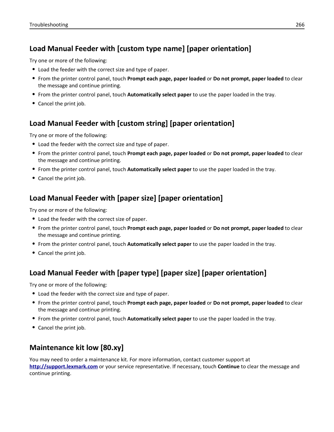 Lexmark XM3100 Load Manual Feeder with custom type name paper orientation, Maintenance kit low 80.xy, Troubleshooting 266 