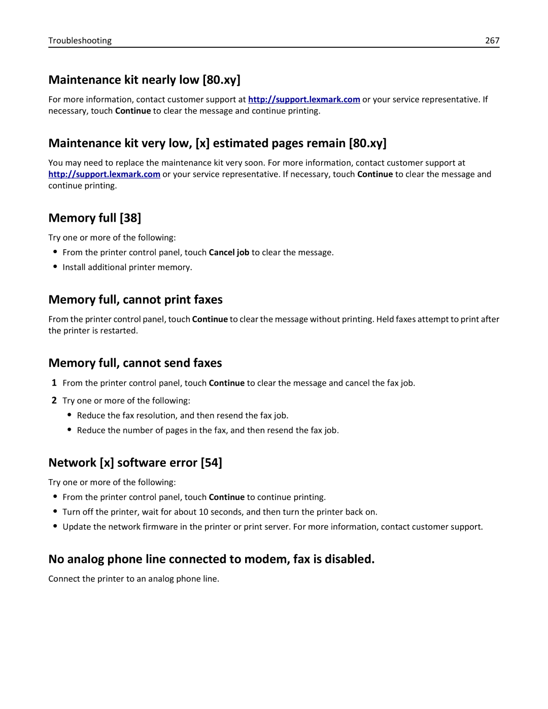 Lexmark XM3100 manual Memory full, cannot print faxes, Memory full, cannot send faxes, Network x software error 