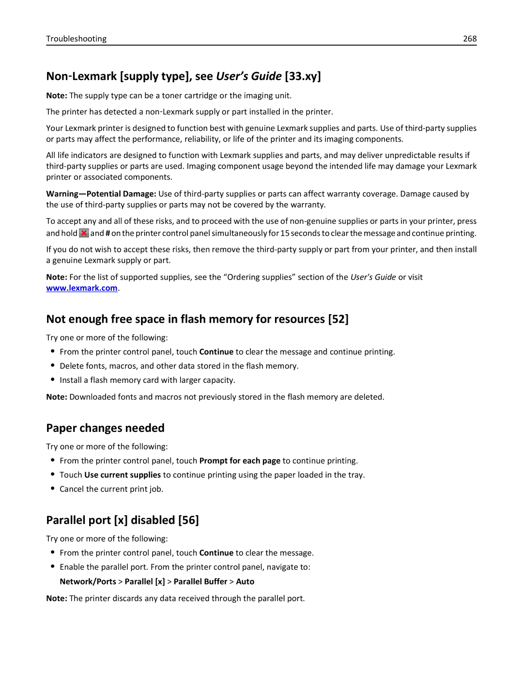 Lexmark XM3100 manual Non‑Lexmark supply type, see User’s Guide 33.xy, Not enough free space in flash memory for resources 