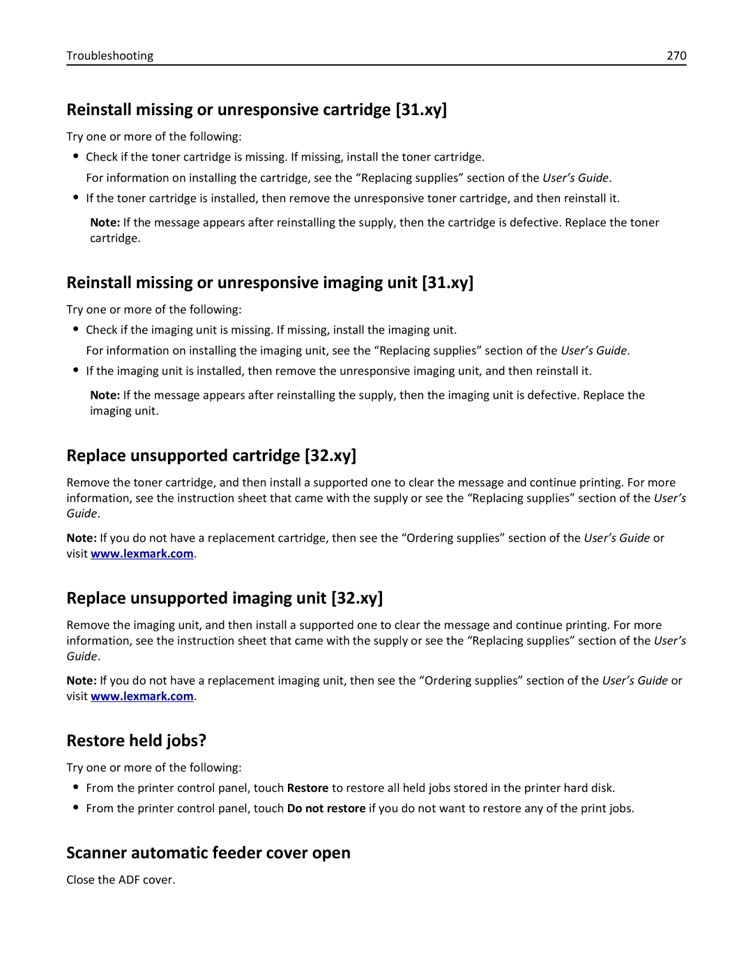 Lexmark XM3100 Reinstall missing or unresponsive cartridge 31.xy, Reinstall missing or unresponsive imaging unit 31.xy 