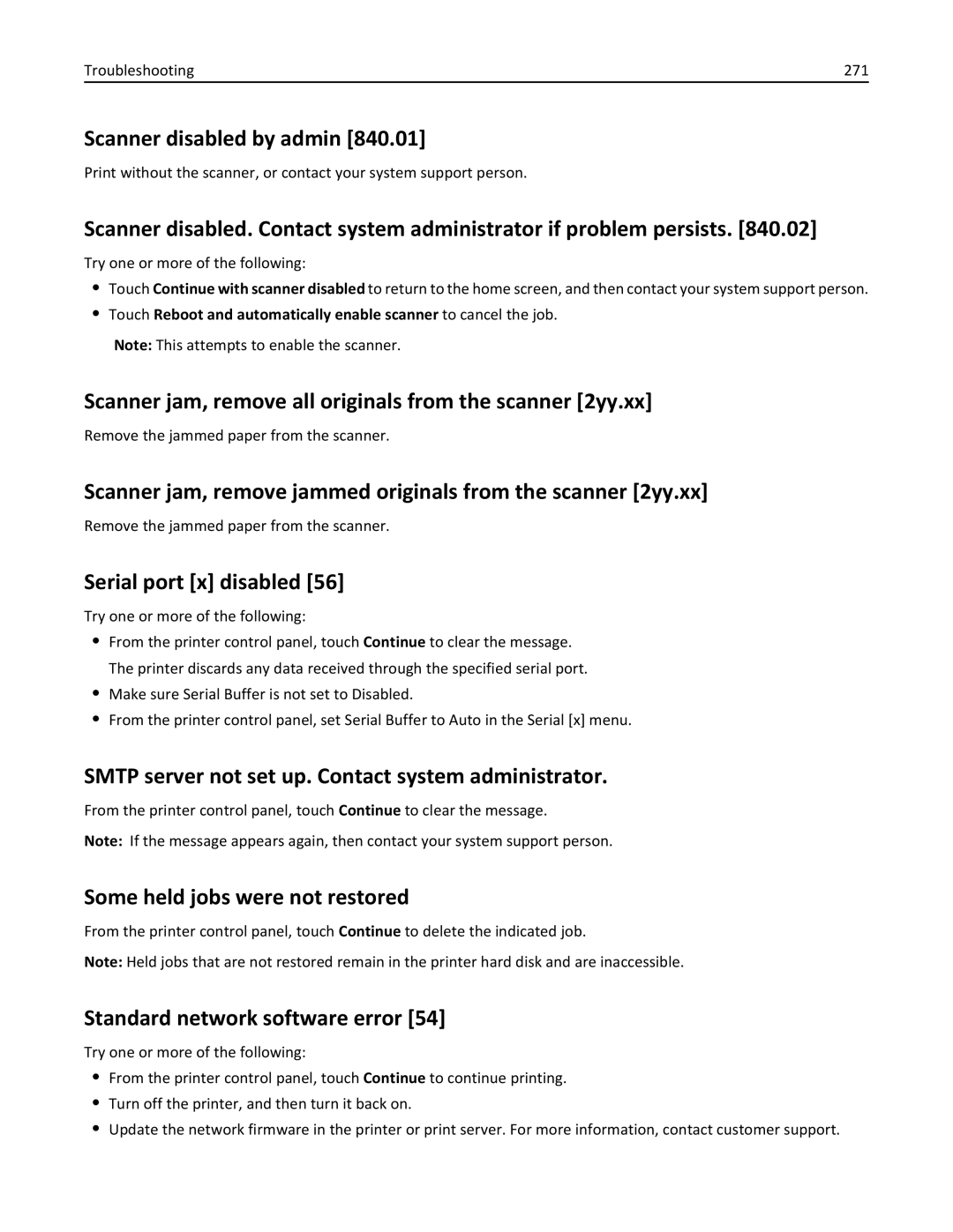 Lexmark XM3100 manual Scanner disabled by admin, Scanner jam, remove all originals from the scanner 2yy.xx 