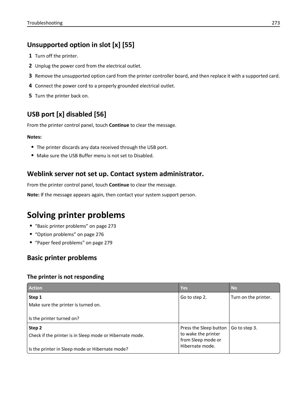 Lexmark XM3100 manual Solving printer problems, Unsupported option in slot x, USB port x disabled, Basic printer problems 