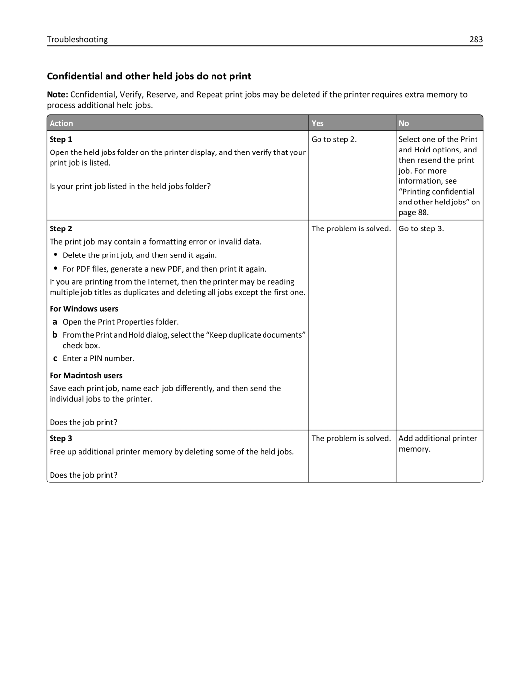 Lexmark XM3100 Confidential and other held jobs do not print, Troubleshooting 283, For Windows users, For Macintosh users 