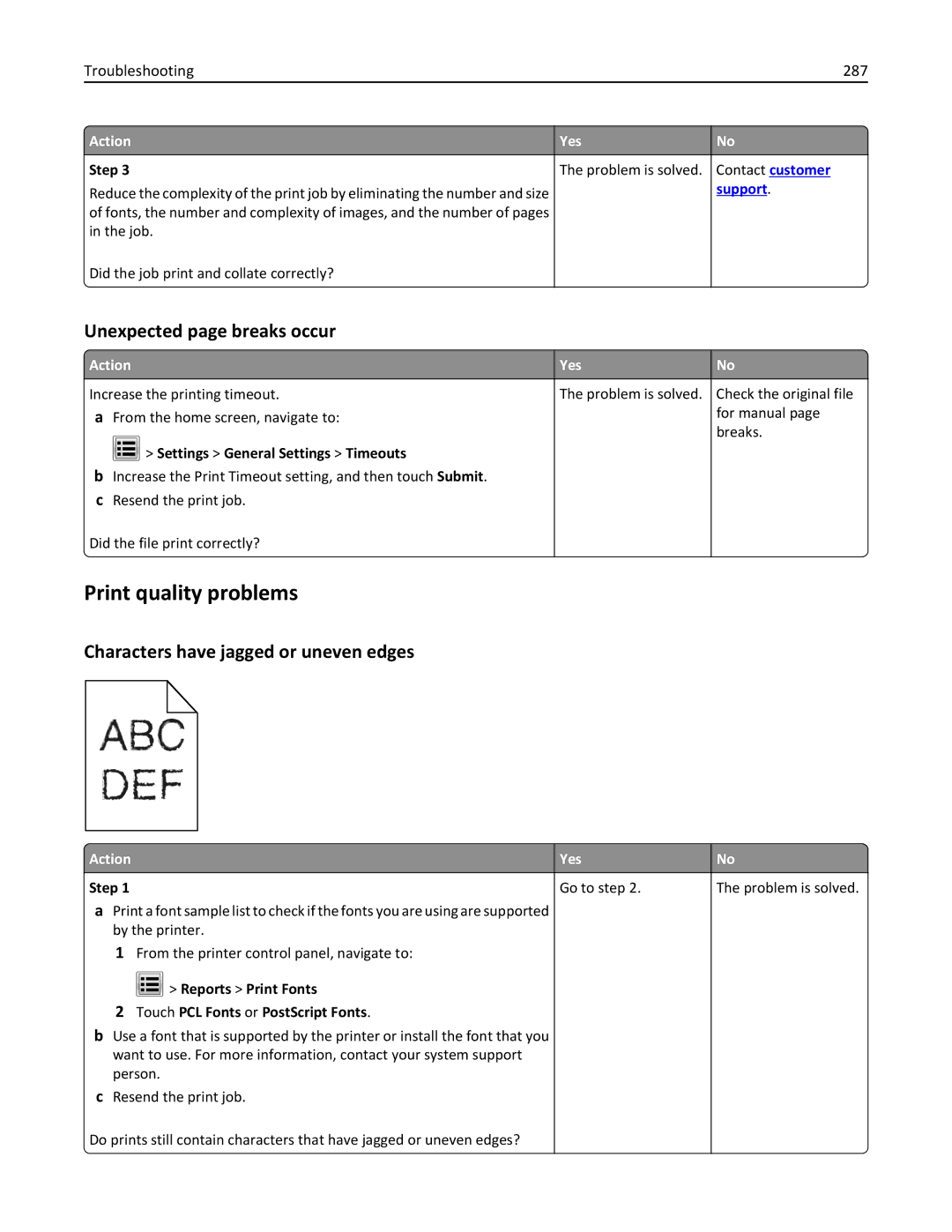 Lexmark XM3100 manual Print quality problems, Unexpected page breaks occur, Characters have jagged or uneven edges 