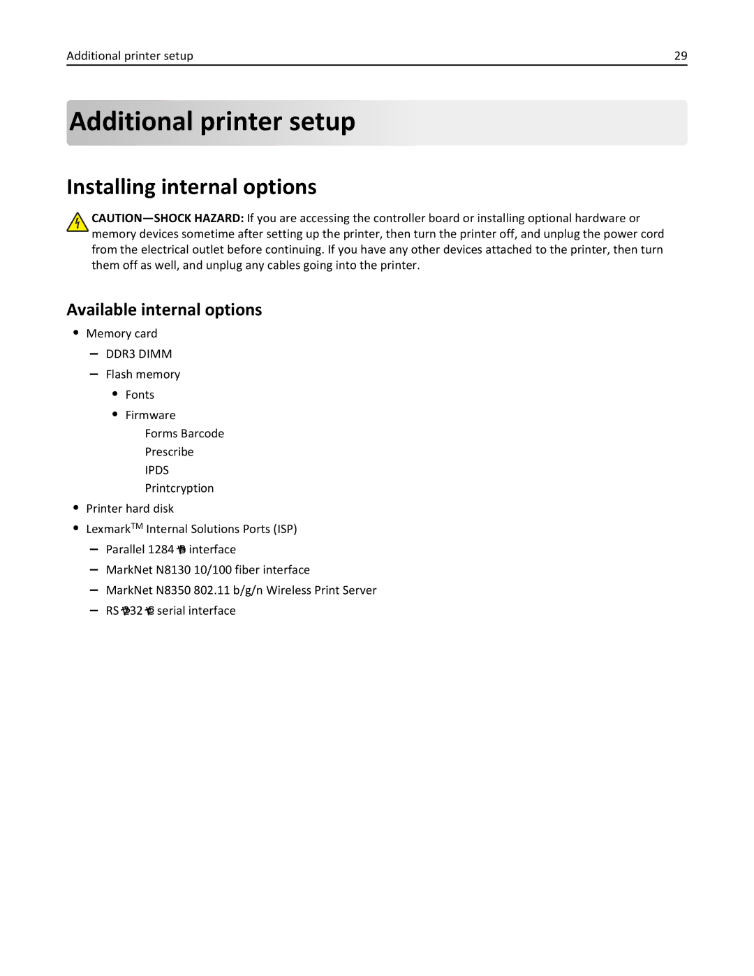 Lexmark XM3100 manual Additional printer setup, Installing internal options, Available internal options 