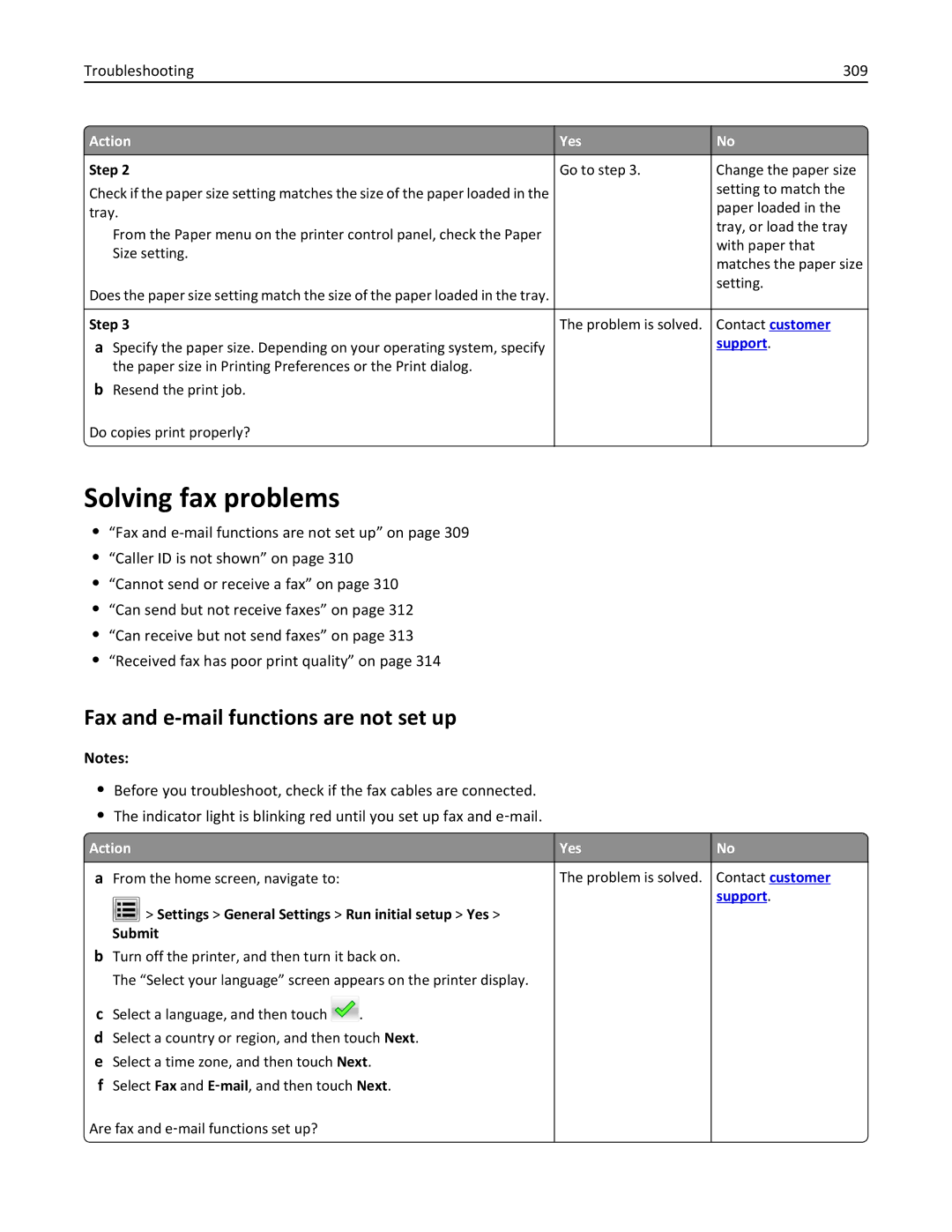 Lexmark XM3100 manual Solving fax problems, Fax and e-mail functions are not set up, Troubleshooting 309, Submit 