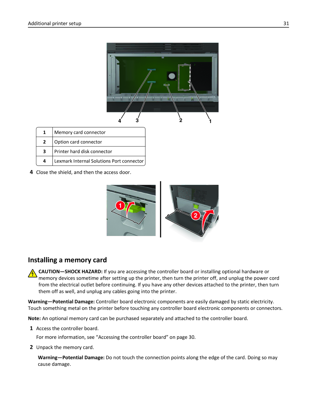 Lexmark XM3100 manual Installing a memory card, Close the shield, and then the access door 