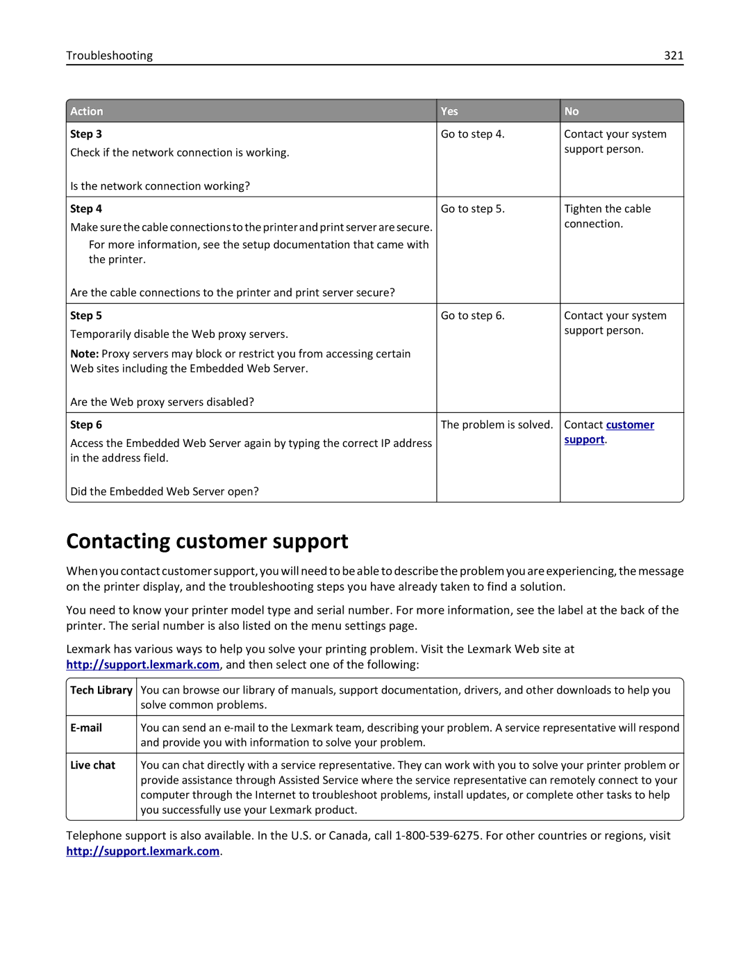 Lexmark XM3100 manual Contacting customer support, Troubleshooting 321, Tech Library, Mail, Live chat 