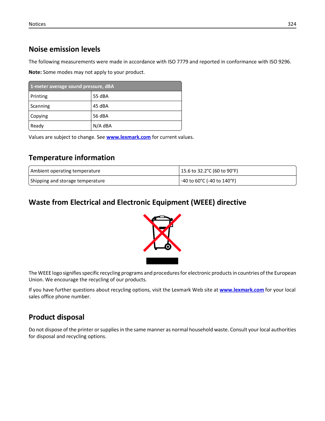 Lexmark XM3100 Noise emission levels, Temperature information, Product disposal, 324, Meter average sound pressure, dBA 