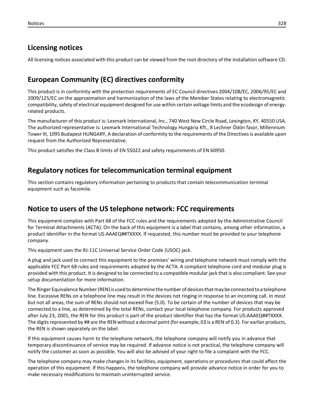 Lexmark XM3100 manual Licensing notices, European Community EC directives conformity, 328 