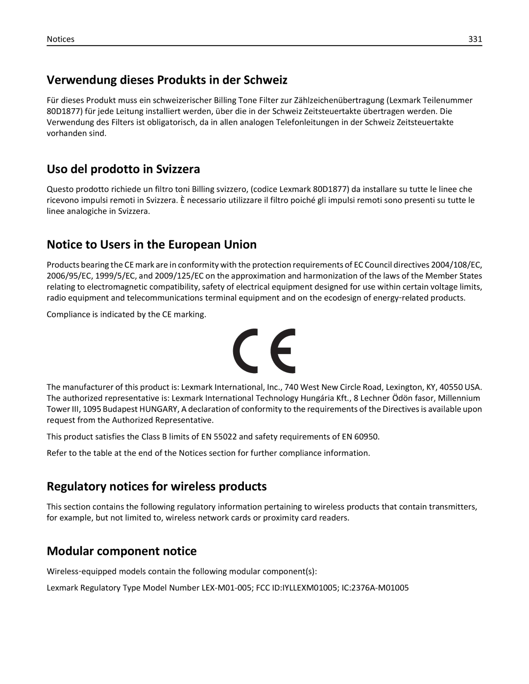 Lexmark XM3100 Verwendung dieses Produkts in der Schweiz, Uso del prodotto in Svizzera, Modular component notice, 331 