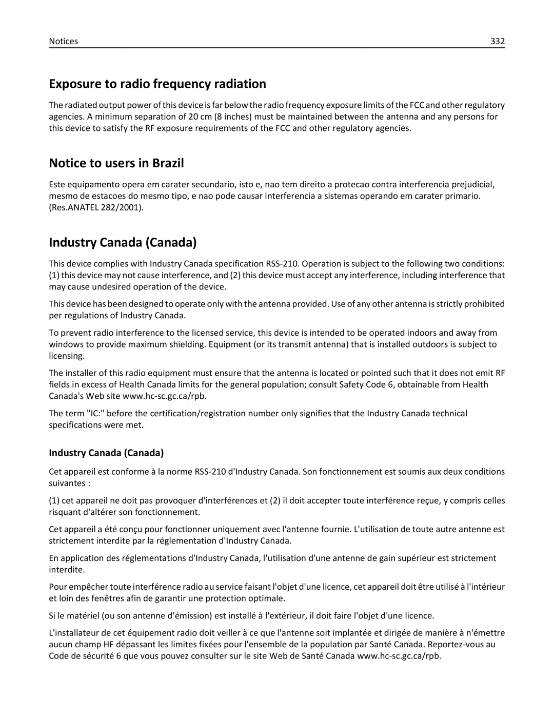 Lexmark XM3100 manual Exposure to radio frequency radiation, Industry Canada Canada, 332 