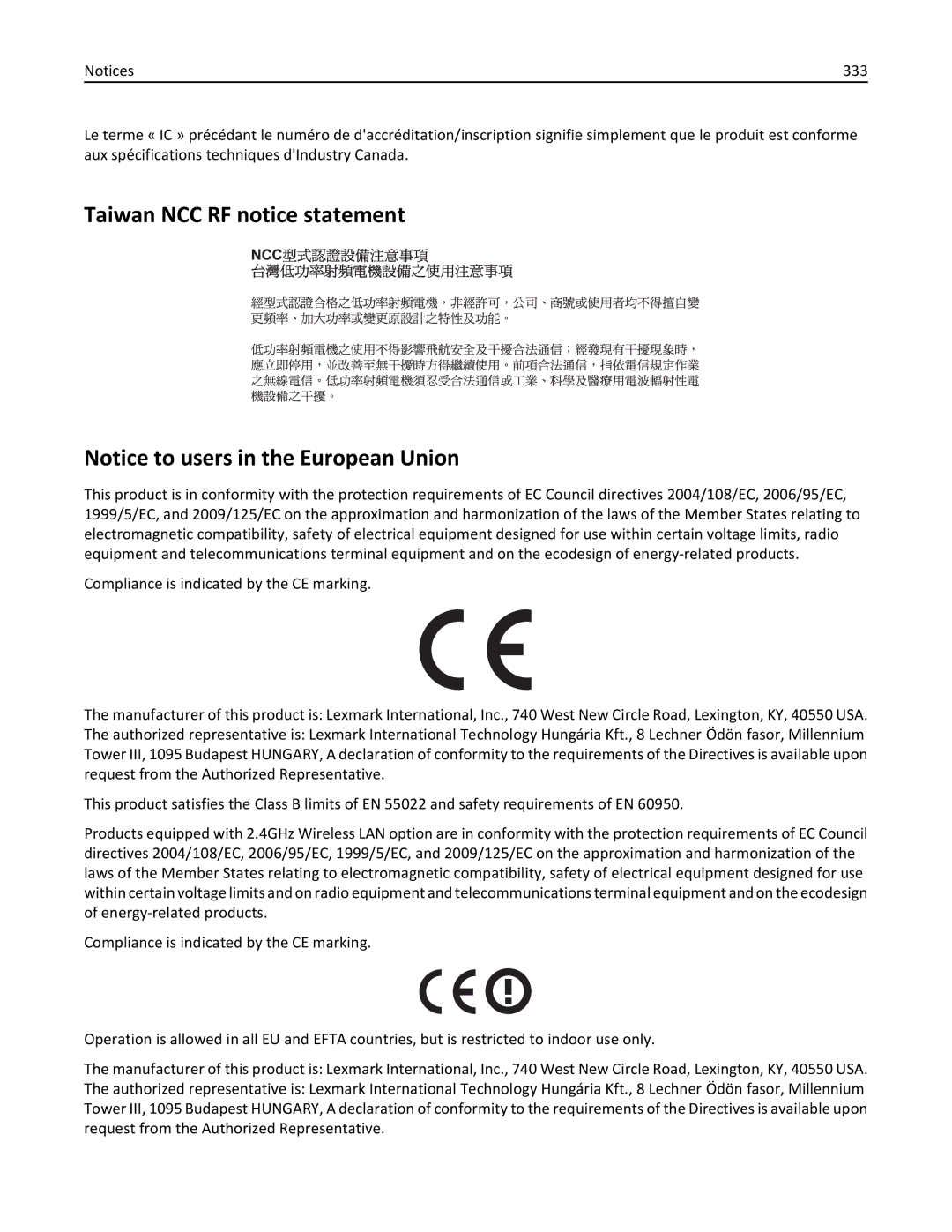 Lexmark XM3100 manual Taiwan NCC RF notice statement, 333 