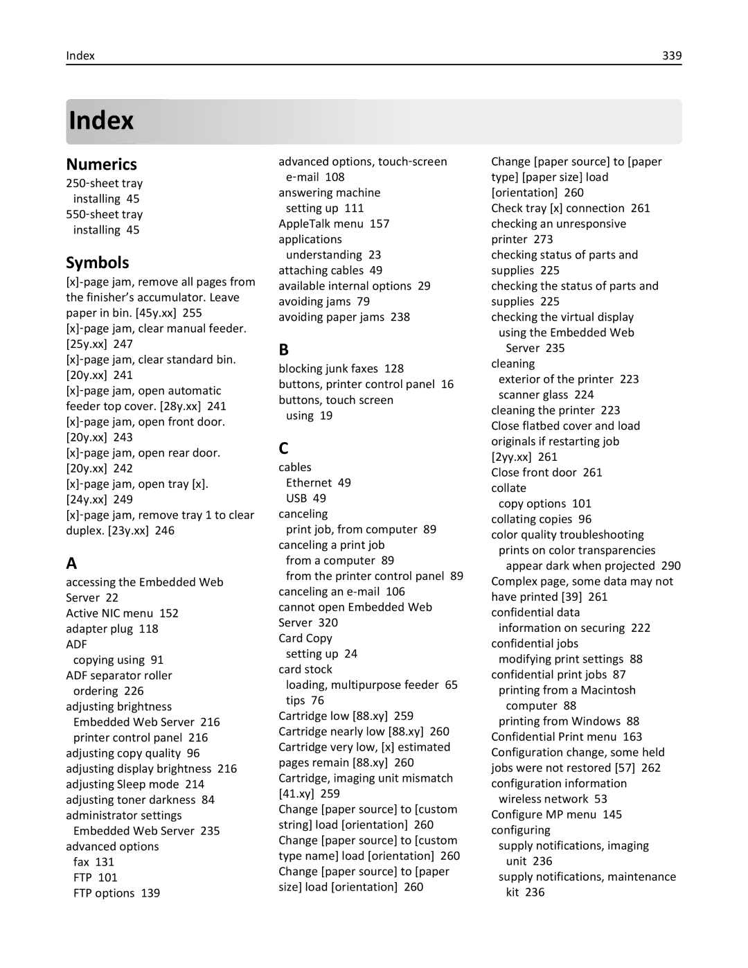 Lexmark XM3100 manual Numerics, Symbols, Index 339, 250‑sheet tray installing 45 550‑sheet tray installing 